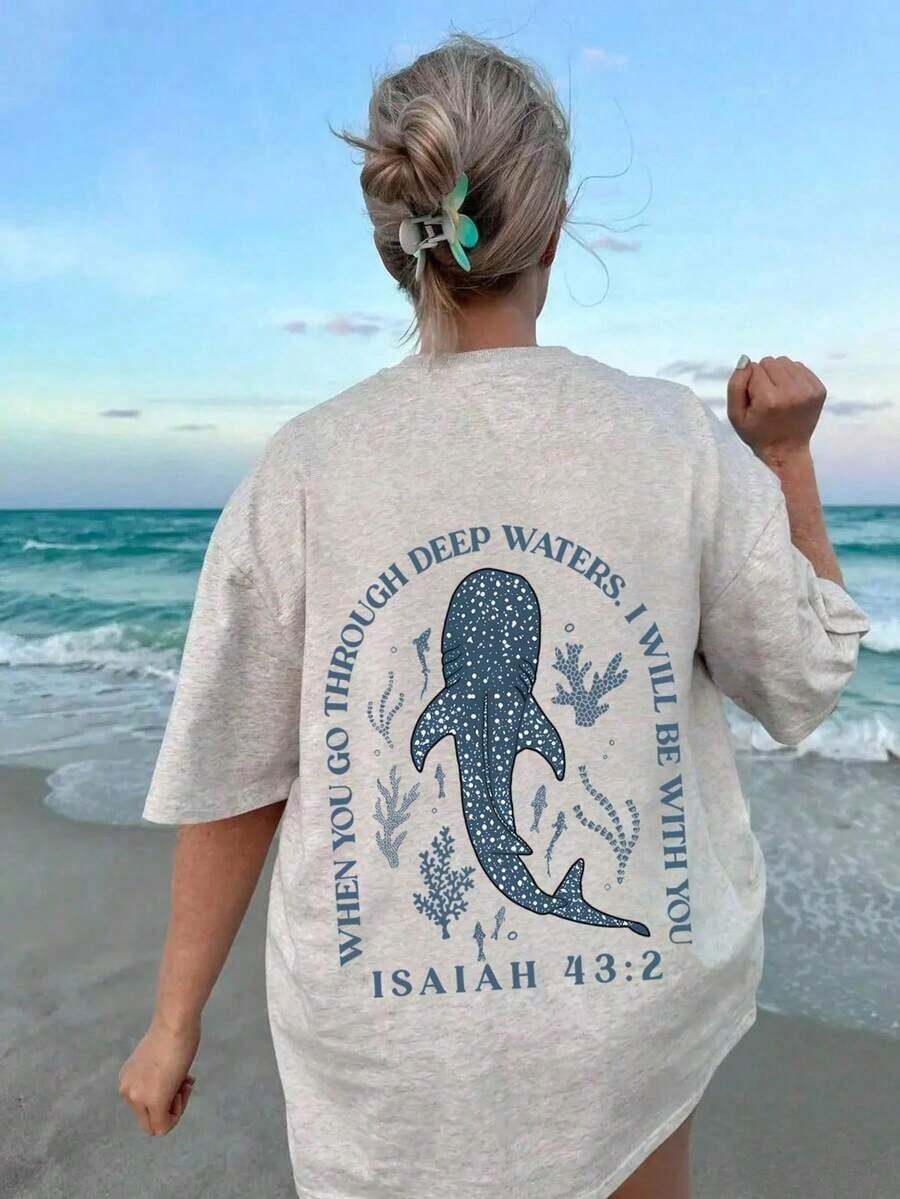 Women's Short-Sleeved T-Shirt With Round Neck And Letter Print, Suitable For Vacation, Office, Outings, Daily Wear, Dates, Parties, Meetings, Street, Carnival, Music Festivals, Valentine's Day, Festive Occasions, Casual White Summer Style. - 灰色 - 查看 1