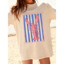 Graphic Women T‑Shirts,Women'S Pink Lobster And Blue Striped T-Shirt | White Casual Summer Beach Wear, Vertical Stripes And Wave Print, Pink Lobster D - Light Apricot - 查看 9