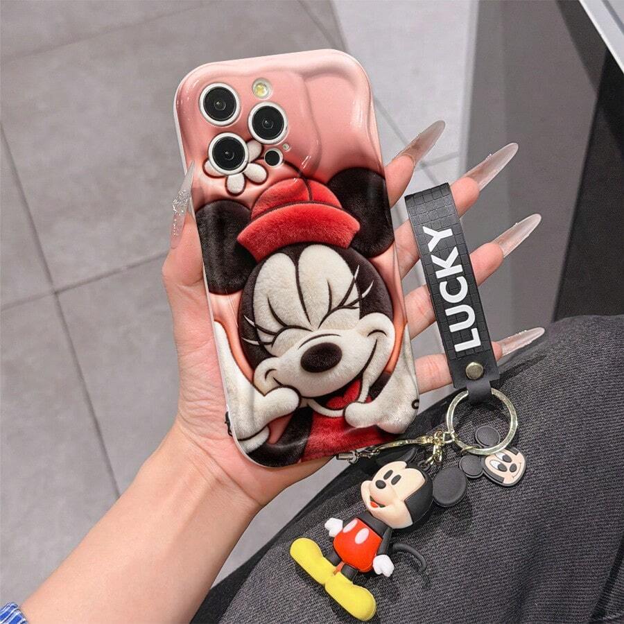 Disney Mickey Mouse Clubhouse Phone Case : 3D Fluffy Pattern Border Protector Phone Soft Phone Case With A Free Cute Mickey Bracelet Chain Lanyard, Mickey, Minnie, Goofy, Donald Duck, Daisy Duck, Pluto, For Apple 17 Promax 17 Pro 16 15 14 13 12 11 Pro Max XS Max X XR Soft Cover Summer Phone Case - trắng - Xem 1
