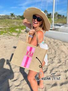 Customizable Striped Linen Tote Bag With Name, Waterproof Large Capacity Beach Bag, Portable Square Shopping Bag, Monogrammed Work Tote Bag For Women - Multicolor - View 3