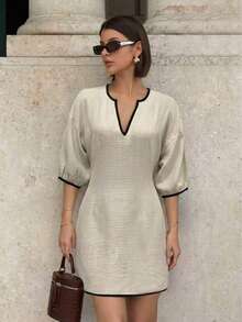 Woven Fabric Elegant Party Casual Fashion Contrast Trim Keyhole Neck Drop Shoulder Dress - Apricot - View 3