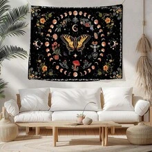 1pc Black Background Sky Butterfly Tapestry, With Orange Moon Phase And Floral Pattern, Suitable For Mysterious Witchcraft Style Home Decor, Bohemian Style Wall Art Fabric - Multicolor - View 5