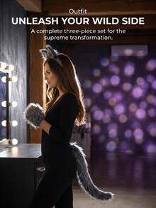 3 pièces/set Accessoires de costume de loup gris mignon comprenant un serre-tête avec oreilles de loup gris, des gants et une queue, convient pour l'Halloween, le cosplay, les fêtes à thème, les jeux de rôle, Pâques, le carnaval, Noël, la Saint-Valentin et les décorations pour représentations sur scène - Multicolore - Voir 3