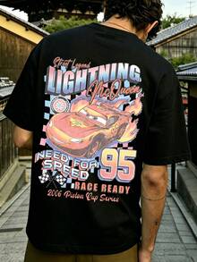 Men's Disney Cars Lightning McQueen Tee, Retro Racing Print, Casual Fit, Streetwear Style. - 黑色 - 查看 2