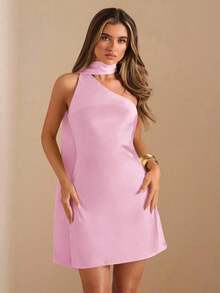 Vestido mini de satén elegante con hombros asimétricos y espalda descubierta en unicolor amarillo crema, vestido mini elegante con estampado, vestido mini sexy con espalda descubierta, vestido mini de satén amarillo con espalda descubierta, vest - Rosa Pálido - Ver 7