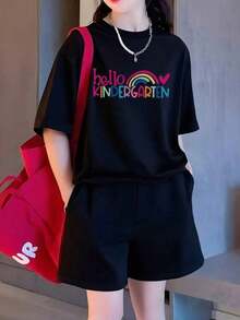 Short-Sleeved T-Shirt, 100% Cotton, Loose Fit, "Hello KINDERGARTEN" Text Print, Breathable Casual Top, Everyday Wear, Letter Pattern, Adult Women's Summer Short-Sleeved T-Shirt, Breathable Fabric, Suitable For Back To School Season, Suitable For Outdoor Use, Cotton-TAYZI VWXB 100% Cotton. - 黑色 - 查看 6