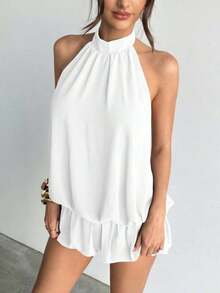 casual de verano para mujer con cuello halter, unicolor y volantes en el bajo - Blanco - Ver 6