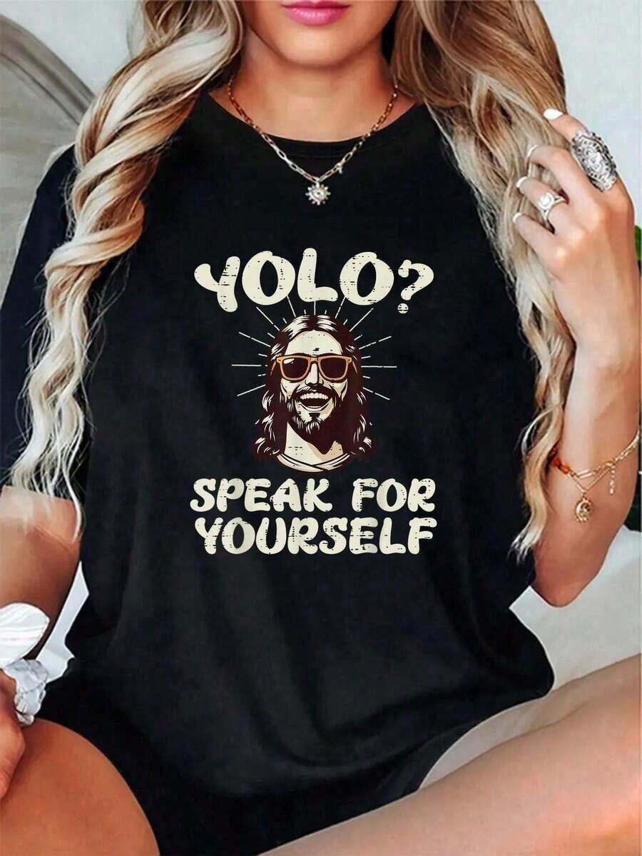 Conjuntos de Verano para Mujer, Camiseta Divertida Religiosa Cristiana de Jesús Yolo para Hombres, Mujeres y Niños - Camisetas Gráficas para Festivales, Adecuadas para Mujeres, Blusas para Verano, Ropa de Verano para Mujer, Conjuntos de Verano para Mujer, Blusas de Verano para Mujer, Camisetas de Verano - Estilo Urbano Vintage Unisex, Camiseta de Algodón Holgada de Manga Corta con Cuello Redondo 100% algodón - Negro - Ver 1