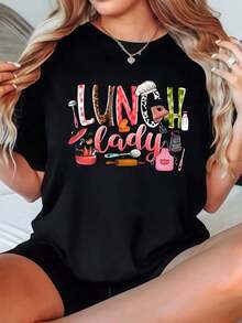 Camiseta GiftGiftLunch Lady con diseño gráfico de herramientas de cocina coloridas y texto de Lunch Lady para entusiastas de la cocina y trabajadores de cafeterías escolares - Suave. - Negro - Ver 1