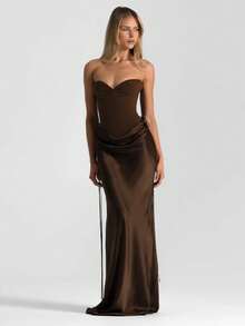 New Arrival Solid Strapless Dress Set High Waist With Bow Flowy - 紫紅色 - 查看 2