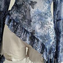 WYWH CURVE Plus Size Women Print Deep V-Neck Flare Sleeve Ruffle Hem Blouse - Multicolor - Ver 4