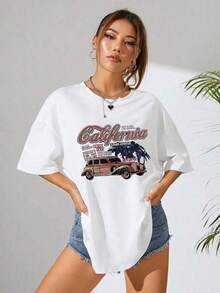 Off-The-Shoulder T-Shirt With Car Print And Slogan - White - View 11