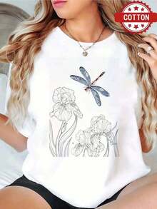 Summer1pc blusas de mujer blusas bonitas para mujeres blusas ropa de mujer Imagen de libélula y flores camiseta g algodón blanco y negro estampado de libélulas y flores impresión algodón alta calidad cuello redondo ajuste básico suelto hombres y mujeres transpirable versátil lavable a máquina cómoda talla S ~ 3XL diario casual deportes imprescindible veranoFashion All-match Women's Short Sleeve T-shirt, Basic Style for Inner & Outer Wear - Blanco - Ver 6