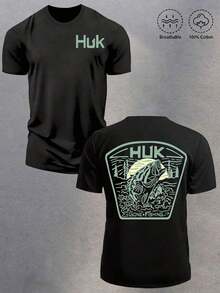 T-shirt décontracté à col rond pour homme HUK - Motif graphique de poisson bas, t-shirt à manches courtes en coton doux pour la pêche et la randonnée estivales. T-shirt graphique de pêche unisexe HUK, T-shirt à manches courtes avec imprimé de poisson bas pour hommes et femmes, haut décontracté classique avec des graphiques sur le thème de la pêche sur le devant et le dos, avec un mini poisson bas et un logo HUK sur la poitrine et un grand motif de poisson bas camouflage avec l'inscription "HUK Performance Fishing" sur le dos, vêtements de sport pour les pêcheurs en plein air, coupe régulière confortable pour un usage quotidien, les voyages de pêche, les sorties décontractées et les activités de plein air, cadeau parfait pour les passionnés de pêche, les pêcheurs et les amateurs de sports de plein air. - Noir 3 - Voir 1