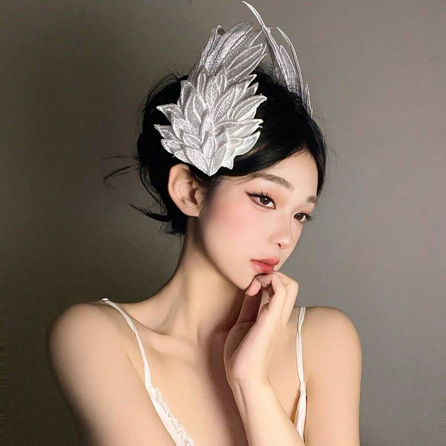 2入白色羽毛髮夾-刺繡哥德風仙女服裝配件,適用於攝影、Cosplay、派對 - 彩色 - 查看 1