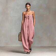 2026 European And American Spring/Summer New Cotton-Linen Blend Simple Strapless Tube Top Jumpsuit - Green - View 7