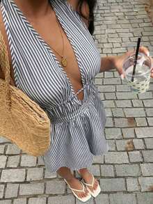- Mono Sexy Azul a Rayas con Escote en V Profundo, Espalda Descubierta y Estilo Halter, Moda Europea y Americana, Elegante para Vacaciones - Gris Oscuro - Ver 6