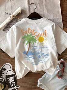 Summer Tops [Double Side Print] SALTY SOUL Women's Hand Painted Palm Tree And Wave Pattern Casual Summer Top, Crew Neck, Pure Cotton Short Sleeve T-Shirt [LingK] Cotton T-Shirt, Summer T-Shirt - White - View 2