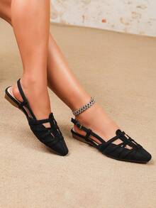 Giày sandal đế bằng mũi nhọn bằng da lộn màu đen dành cho nữ, thiết kế đan chéo, quai hậu, giày mùa hè thoáng khí đa năng, kiểu dáng tối giản và thanh lịch phù hợp cho công sở. - màu đen - Xem 3