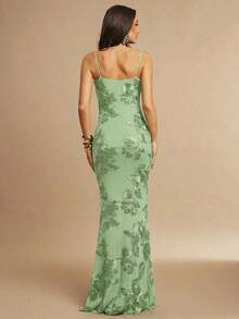 Vestido de tirantes finos maxi ajustado y elegante con diseño floral 3D en color marrón, adecuado para invitada de boda en otoño, fiesta, cóctel, noche, Navidad.Vestido maxi ceñido y con espalda descubierta, apropiado para fiesta de ot - Verde Niebla - Ver 2