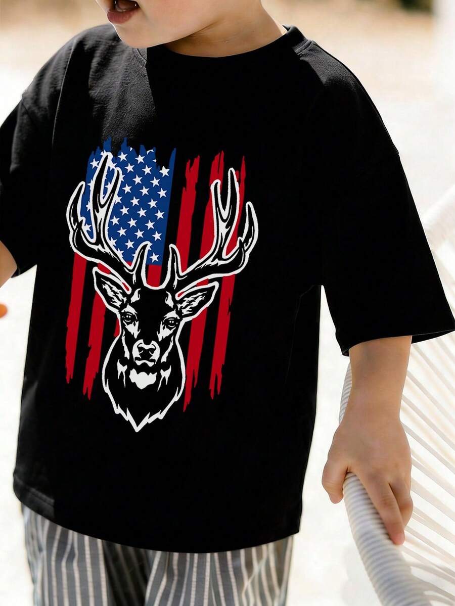 Camiseta Redonda De Manga Curta Elegante Para Meninos, Estampa De Bandeira Americana E Chifres De Veado, Primavera/verão - Preto - Ver 1