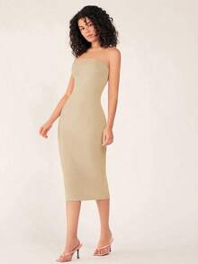 Vestido casual de cena ajustado sin tirantes y de silueta ceñida para mujer - Beis - Ver 4
