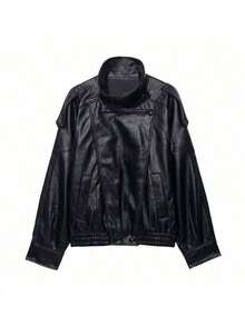 Chaqueta de cuero negra de textura de litchi, minimalista y versátil, nueva llegada de moda para mujer en otoño/primavera - Negro - Ver 10