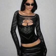 DivaQ Sexy Sheer Long Sleeve Mesh Y2K Top Gothic - Negro - Ver 1