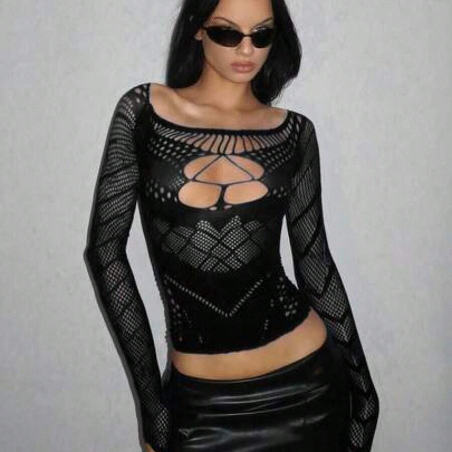 DivaQ Sexy Sheer Long Sleeve Mesh Y2K Top Gothic - Negro - Ver 1