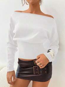 Suéter morado de manga larga, cuello asimétrico y hombros descubiertos, de punto ajustado para mujer, para otoño/invierno - Blanco - Ver 6