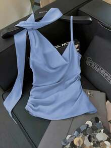 Blusa de tirantes asimétrica plisada en la cintura de unicolor, elegante y casual, ideal para primavera/verano, paseos, vacaciones, tardes de té, San Valentín, bodas y fiestas - Celeste - Ver 6