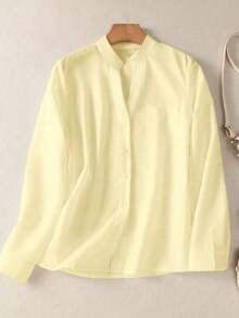 Camisa de mujer de unicolor con cuello en V y botones - Blusa casual y elegante de manga larga con detalle de bolsillo, adecuada para vacaciones, viajes y uso diario, artículo esencial para primavera, verano, otoño e invierno - Albaricoque - Ver 8