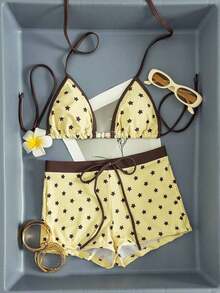 Conjunto de bikini de 2 piezas para mujer - Estampado de estrella con ribete sólido, parte superior tipo triángulo con escote halter (adornada con acentos de cuentas), Bottom tipo short de tiro alto, elegante ropa de playa de verano, traje de baño de tira - Amarillo - Ver 2