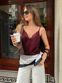 Camiseta de tirantes de mujer con estampado de encaje y parches, ideal para vacaciones de verano - Burdeos - Ver 5