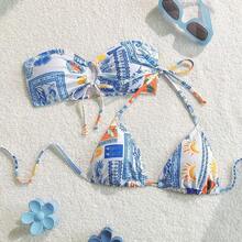 Swim Mod Women's Summer Beach Moon Print Halter Neck Tie Bikini Top - Multicolor - Ver 2