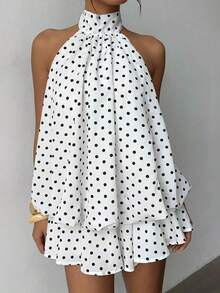 Vestido mini elegante de mujer con estampado de lunares y escote halter sin espalda - Multicolor 2 - Ver 3