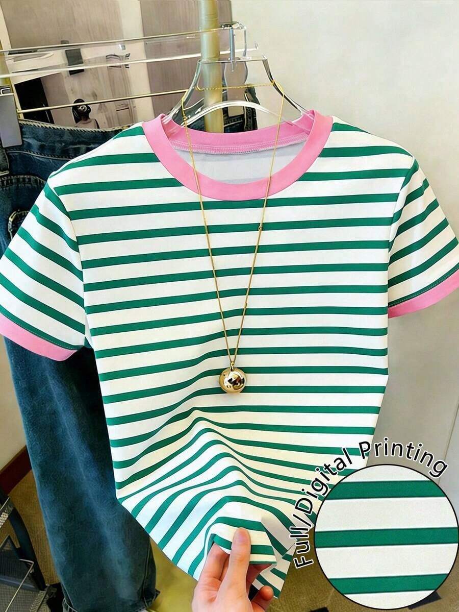 Camiseta de mujer de manga corta, cuello redondo y rayas, informal, para verano - Multicolor 13 - Ver 1