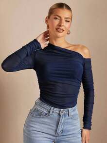 Camiseta Ajustada De Cuello Asimétrico Y Con Pliegues Y Perspectiva Para Mujeres - Azul marino - Ver 6