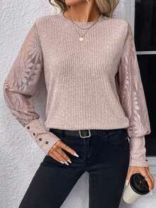 Blusa de mujer con mangas de encaje floral, parches y tejido de gofre, color blanco - Rosa vieja - Ver 6