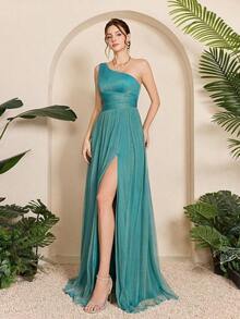 Vestido de malla con un hombro asimétrico, pecho fruncido, recorte hueco y abertura alta en A, vestido de dama de honor para boda, color rosa, primavera - Agua verde azul - Ver 5