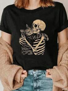 1pieza Blusas de mujer hermosas Blusas para mujeres Conjuntos de ropa para mujeres Camiseta blanca y negra de 180G con impresión de gato y esqueleto abrazándose Alta calidad Cuello redondo básico holgado transpirable Versátil Lavable en máquina Cómodo Talla S ~ 3XL Esencial diaria casual deportiva para verano. Puro Algodón - Negro - Ver 3