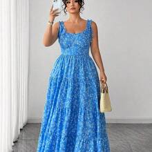 Vestido largo sin mangas con tirantes y estampado floral azul estilo bohemio de talla grande para mujer - Multicolor - Ver 8