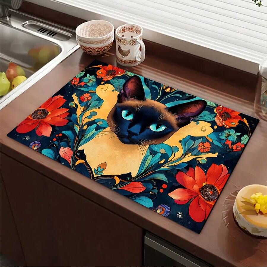 1pc Colorful Cat, Siamese Cat Print Pattern Absorbent Mat/Drying Mat For Coffee Maker, Tableware - Absorbent Polyester Desktop Protective Mat With Rubber Anti-Slip Pad, For Kitchen Counter Decor, Home Bar And Dining Table - Multicolor - View 1