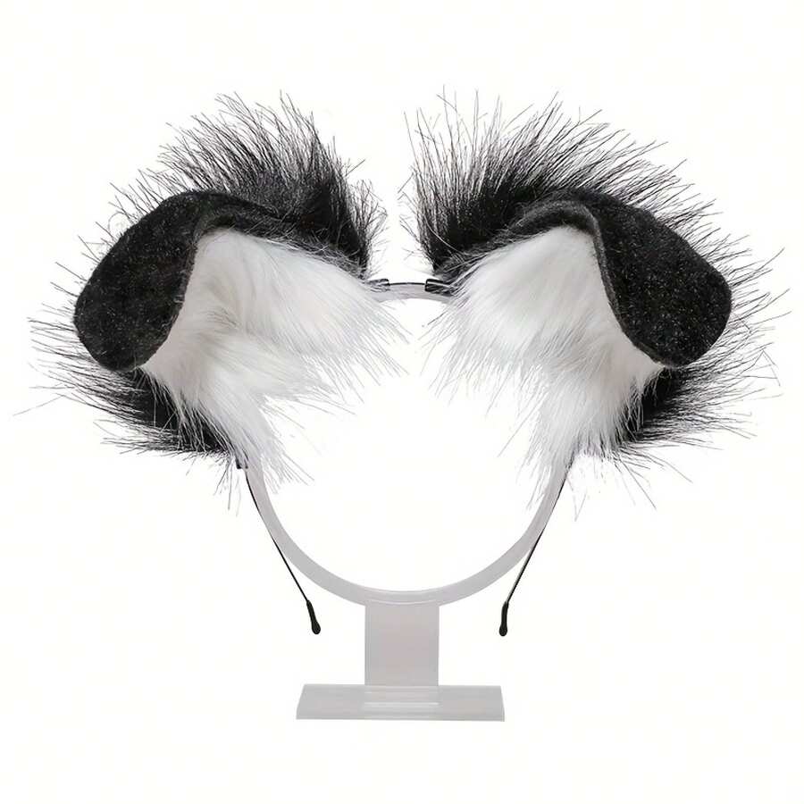 Handmade Plush Animal Ear Headband Accessory For Holiday Cosplay, Dog Ear Headband For Adults - Black and White - View 1