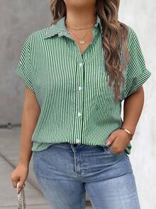 Vionelle Blusa casual de talla grande para mujer con estampado de rayas azul y blanco, de manga corta y abotonada, para el verano - Verde 2 - Ver 1