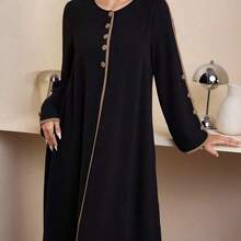Women's Casual Arabic Style Long Sleeve Round Neck Button Design Dress - Multicolor - Ver 5