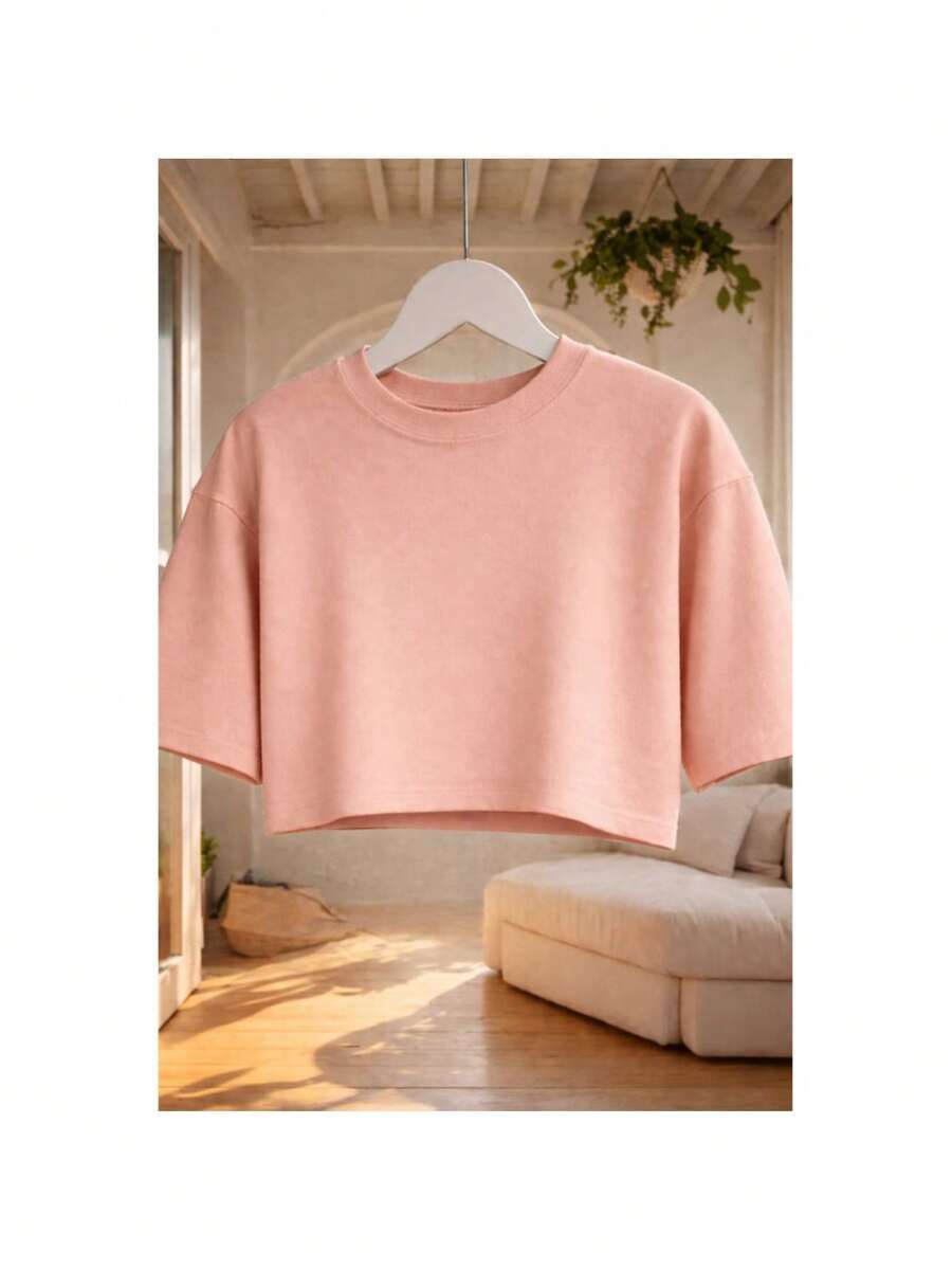 Cropped Oversized Feminino Liso Básico Estiloso Versátil Várias Cores 100% Algodão - rosa - Visão 1