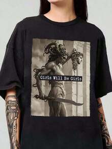 Camiseta de Manga Corta con Cuello Redondo y Estampado de Cabeza de Vaca Estilo Western con Lema, Adecuada para Primavera y Verano. Camiseta holgada, casual y versátil Y2k. - Negro - Ver 10