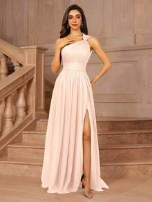 Vestido formal largo para dama de honor, invitada de boda, evento, verano, San Valentín, cumpleaños, con cuello cruzado asimétrico de un hombro, espalda descubierta, falda de tul en línea A, vestidos de mujer para otoño, regreso a clases, fiesta de bienvenida, cumpleaños, primavera elegante - Rosa - Ver 7