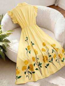 Vestido de manga acampanada de longitud media, de color albaricoque, con estampado floral, cuello de solapa, botones de perlas en la cintura, diseño de manga acampanada, encantador, elegante, dulce, para uso diario, vacaciones, viajes, citas, esti - Amarillo - Ver 2